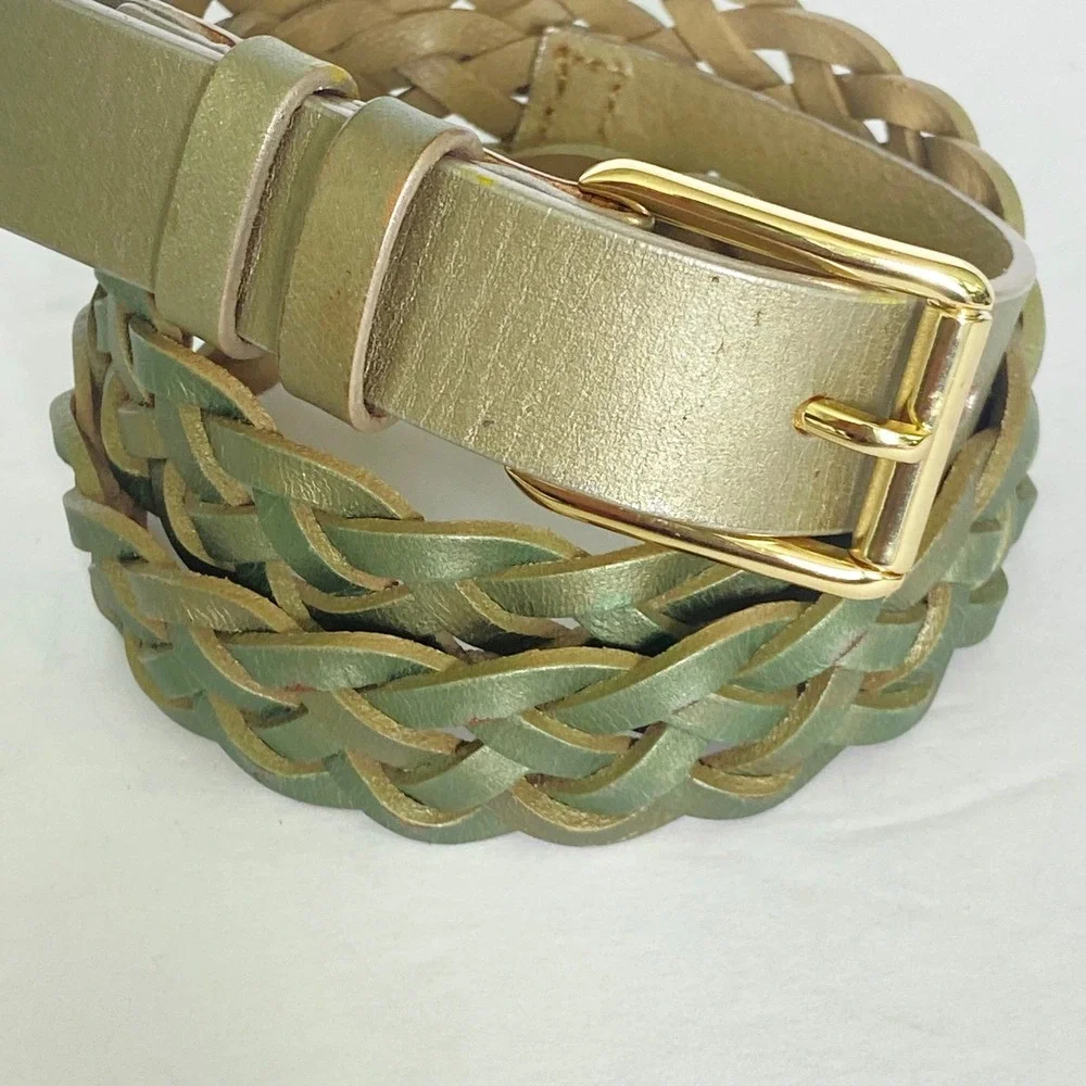3/$25 Talbots Metallic Sage Green Braided‎ Leather Belt Gold Buckle 31-35 inch
